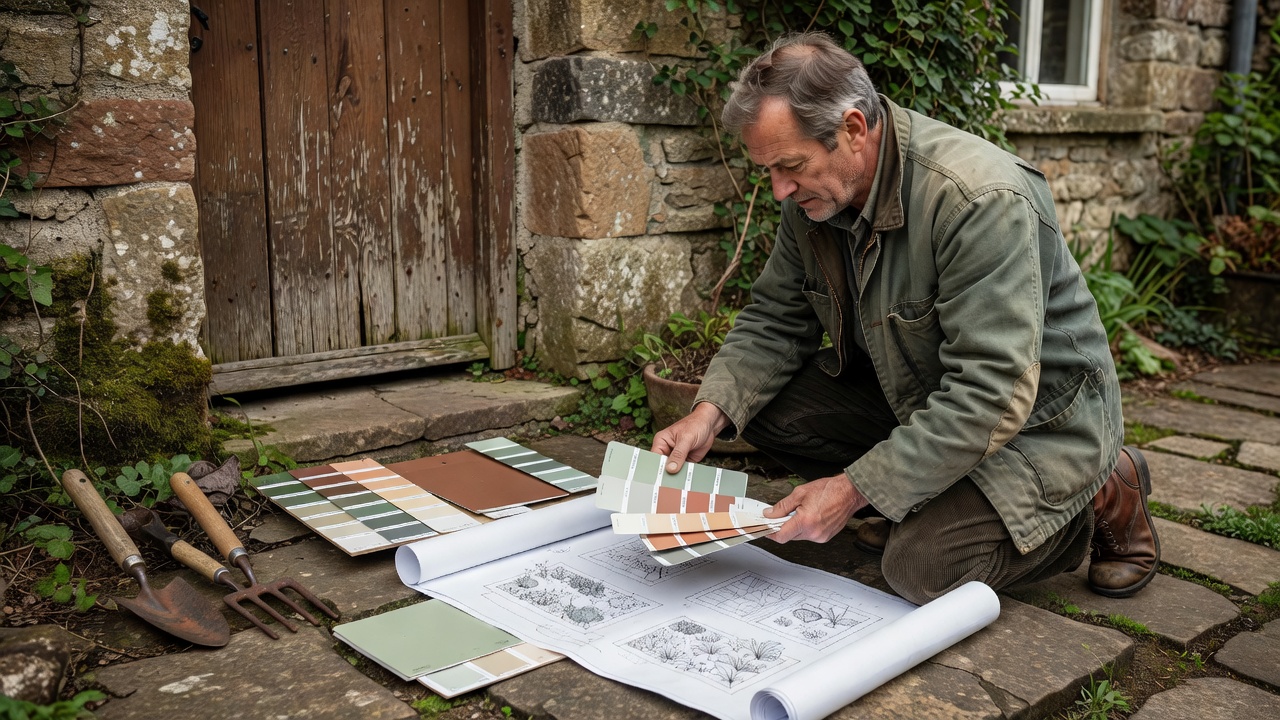 Cottage owner reviewing paint sample boards and a planting sketch beside an entrance