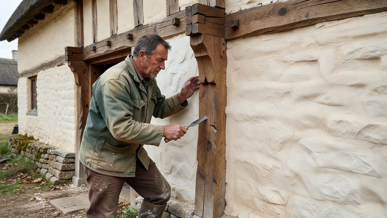 Craftsperson inspecting the junction between cottage timber detailing and pale rendered masonry