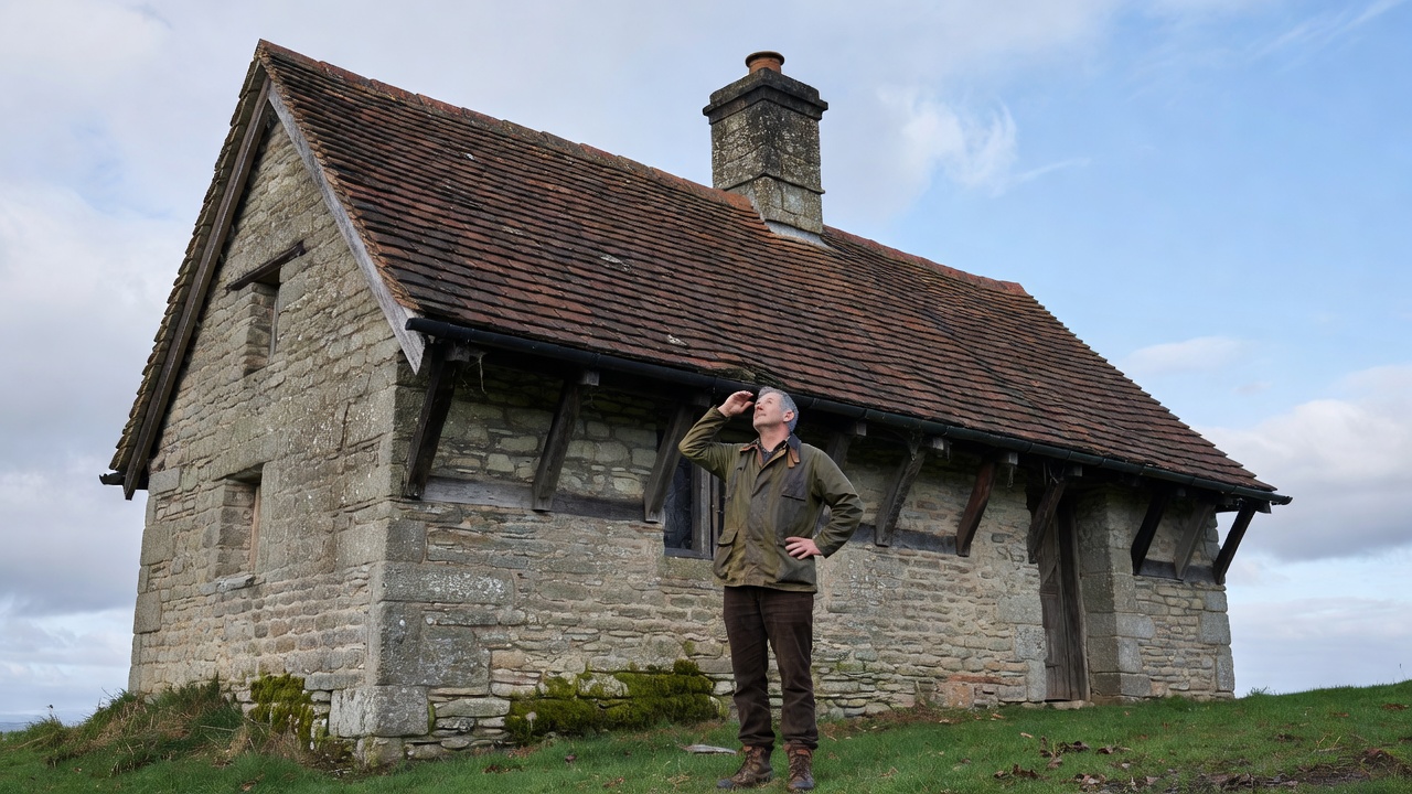 Owner studying the gable, chimney and eaves of a traditional cottage from ground level