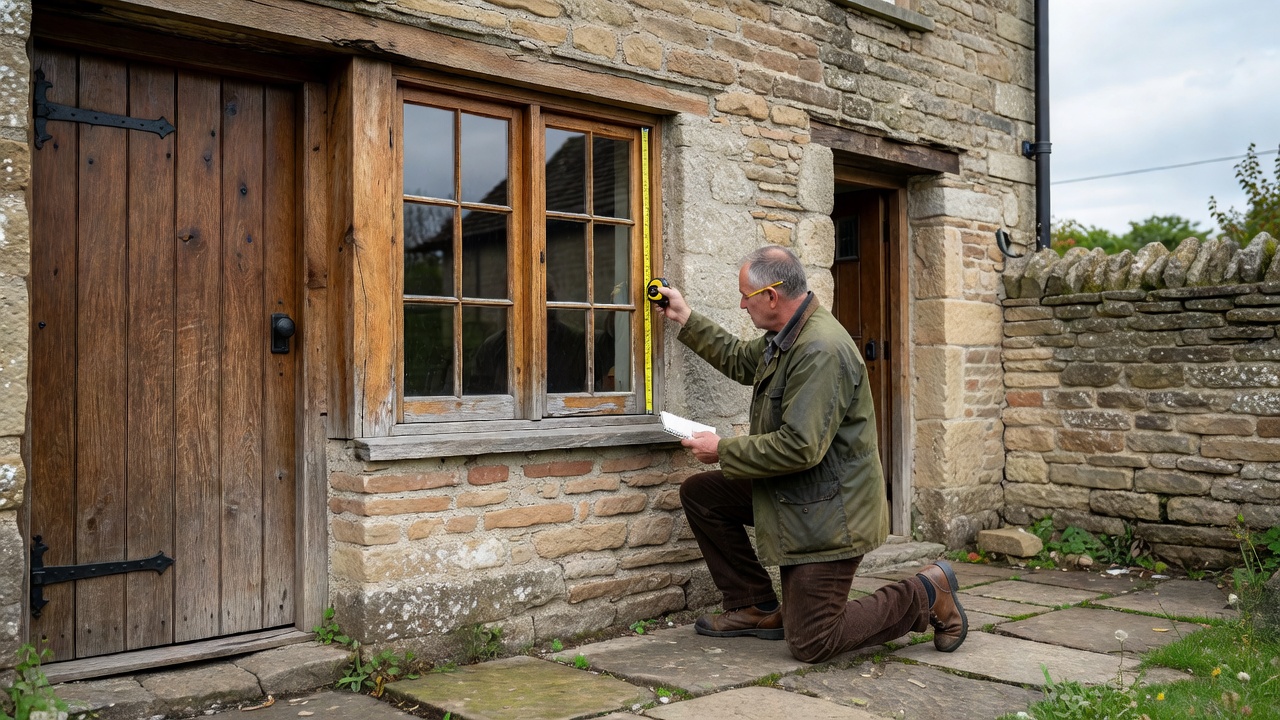 Joiner measuring a timber casement beside a cottage entrance in soft daylight